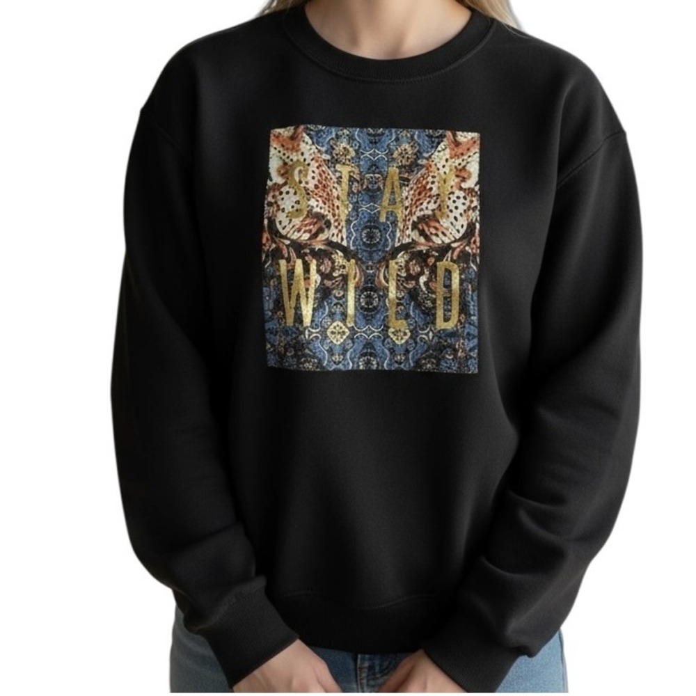 Betsey Johnson Black Graphic‎ Sweatshirt Leopard Print Small Stay Wild Small